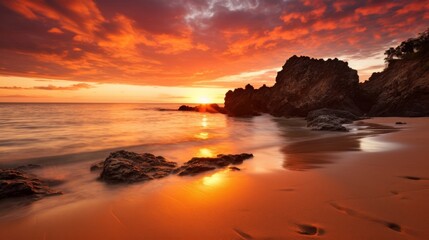 Fiery sky with secluded beach and sunlight