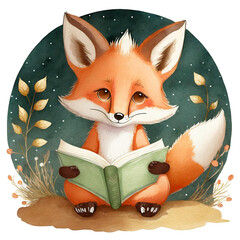 Obraz premium Cute little fox is reading a book. Drawing for children