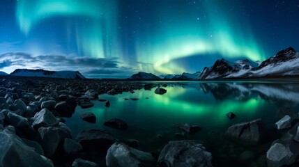 Remote glacial lake with northern lights in scenic view