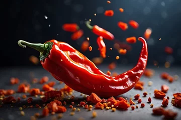 Fotobehang Red hot chili peppers with flying powder on wooden table over dark background © ASGraphics