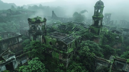 Fototapeta premium Overgrown ruins nature reclaiming a city foggy morning birds-eye view