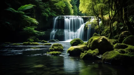 Gordijnen Lush greenery and tranquil waterfall in nature © stocksbyrs