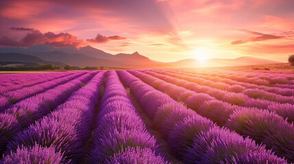 Stunning landscape with lavender field at sunset. copy space for text. - obrazy, fototapety, plakaty