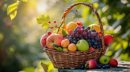 Sunlit assorted fruit basket outdoors. copy space for text.