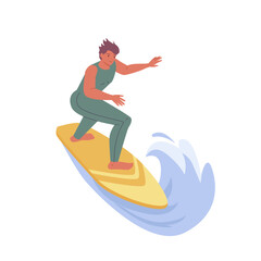 Young guy riding surfboard. Active male character in swimwear surfing ocean wave. Summer, sport recreation, sea leisure hobby