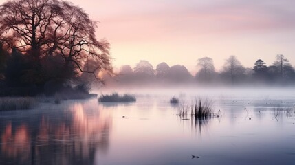 Fototapeta premium Mist rising and tranquil lake at dawn in nature