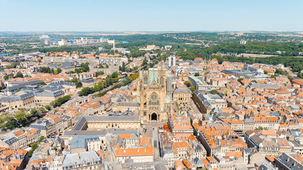 Metz, France. Metz Cathedral. View of the historical city center. Summer, Sunny day, Aerial View