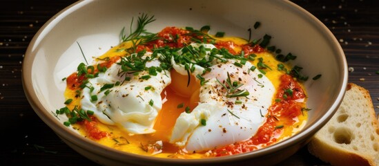Poached egg breakfast with yogurt and flavorful paprika butter in a bowl.