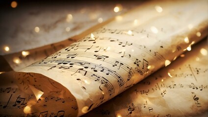 An illuminated vintage sheet music background with bokeh lights, highlighting the musical notes