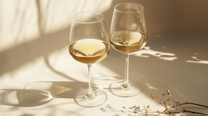 Two glasses beverage with shadow on natural light brown background