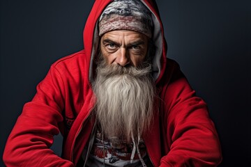 Portrait of an old man with long white beard and a red hoodie on a dark background