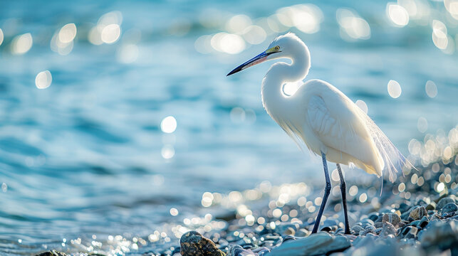 Elegant white egret standing on a pebble beach with sparkling water background