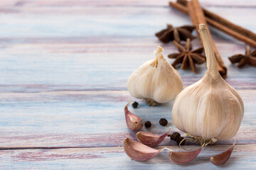 Close up garlic on a wooden table background