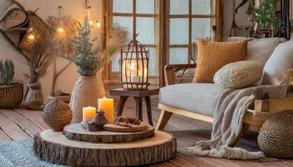 living room interior with fireplace.the cozy ambiance of rustic home decor with warm earthy tones, wooden accents, and soft textiles, evoking a sense of comfort and relaxation.