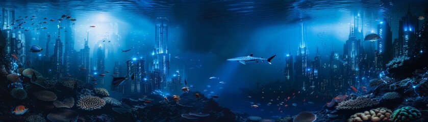 Underwater cityscape bio-luminescent architecture wide lens deep blue hues dawn light - obrazy, fototapety, plakaty