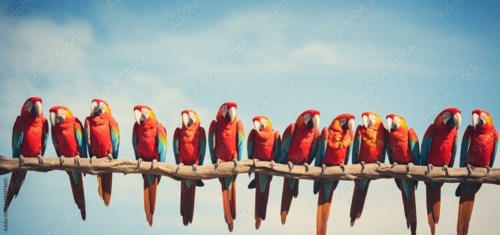 Poster a group of a row of colorful parrots sitting on a branch. generative ai.