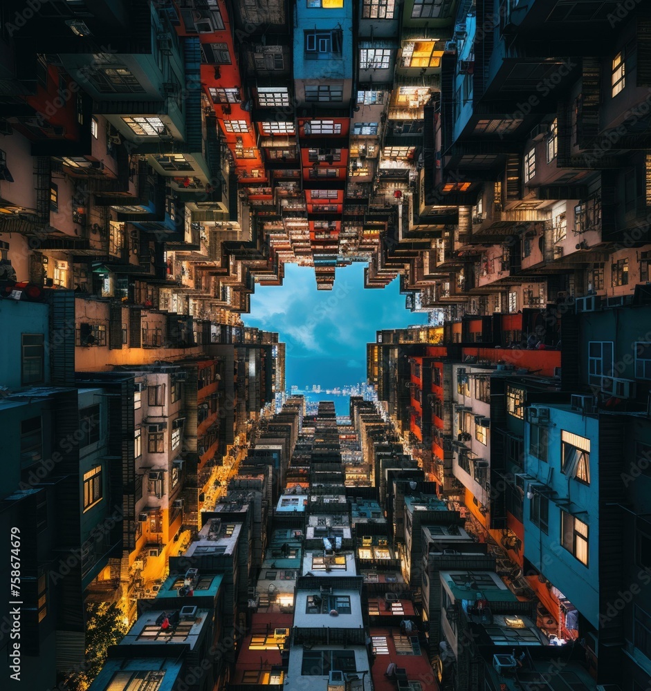 Poster a view of a city with many buildings and a sky. generative ai.