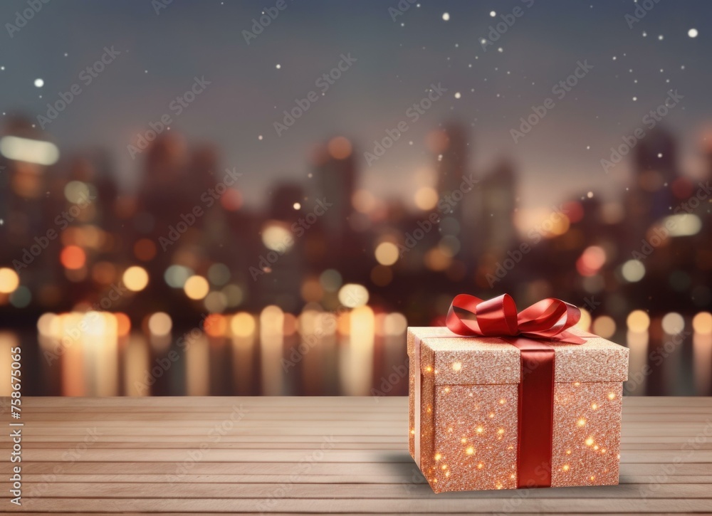 Poster a gift box with a red bow on a wooden table with lights in the background. generative ai.