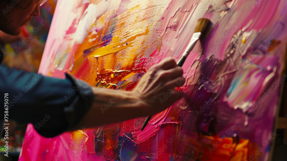Poster an artist's hand applying broad brush strokes on a pink canvas, creating a dynamic and textured abst