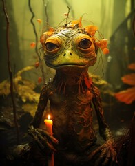 A frog with a candle in its mouth and leaves on its head. Generative AI.