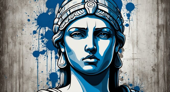 Abstract blue theme spray painted vandalized greek goddess athena concept graffiti tag art background from Generative AI
