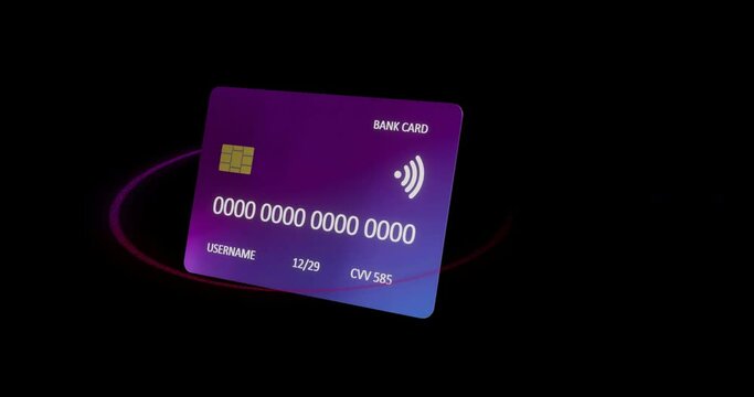 Animation of credit card with data over black background