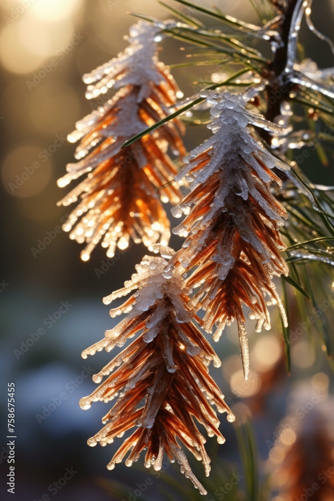 Poster a close up of a pine tree with ice on it. generative ai.
