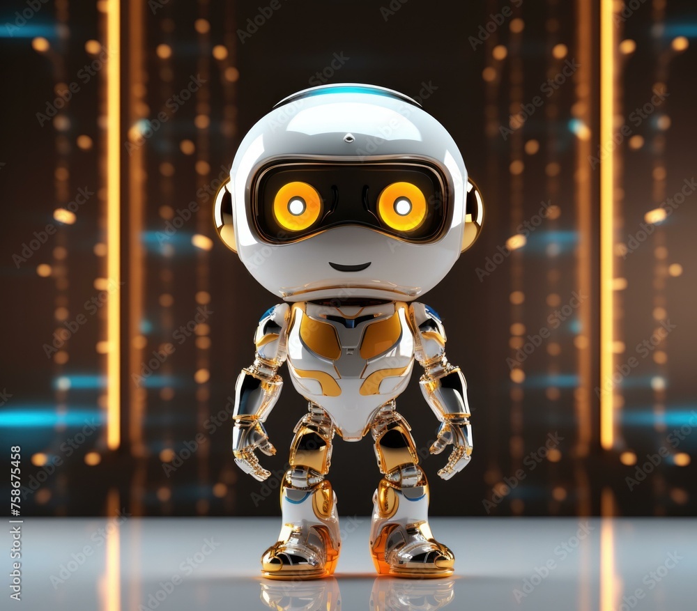Aufkleber a robot with glowing eyes and a shiny body is standing on a table. generative ai.
