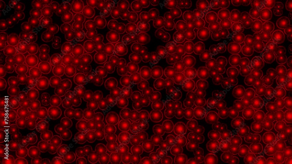 Poster animation of squishy undulating red cells with bright glowing nucleus