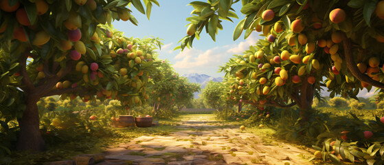 Obraz na płótnie Canvas Garden of mango trees plants with fruits 
