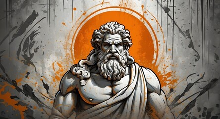 Abstract orange theme spray painted vandalized greek god zeus concept graffiti tag art background from Generative AI