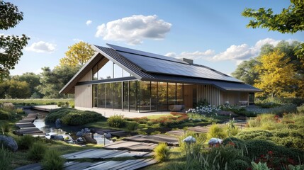 New modern eco-friendly passive house with a photovoltaic system on the roof and landscaped yard. Solar panels on the gable roof, cloudy sky