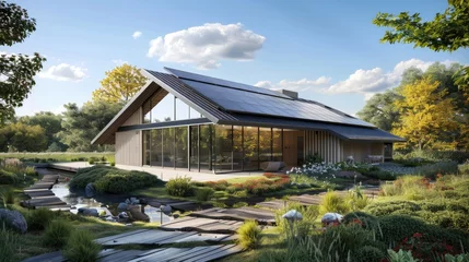 Foto op Canvas New modern eco-friendly passive house with a photovoltaic system on the roof and landscaped yard. Solar panels on the gable roof, cloudy sky © inthasone