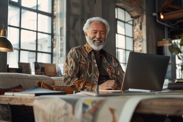 Elderly man with a joyful smile working on a laptop in a cozy office.