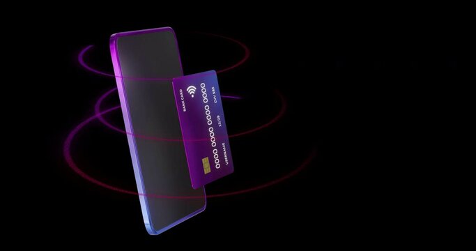 Animation of smartphone and credit card with data over black background