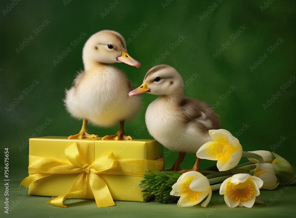 Poster two ducks standing next to a yellow box with flowers and daffodils. generative ai.