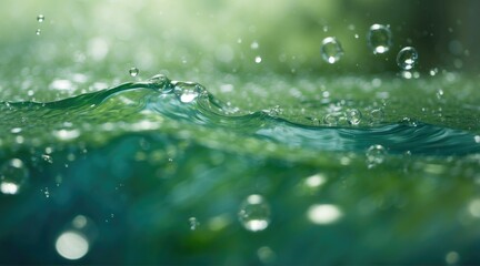 A close up of a green wave with water droplets on it. Generative AI.