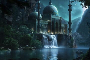 mosque by the river and waterfall in the night 