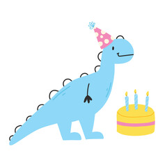 Happy birthday card with dinosaur. Cute illustration with dino and cake. Vector illustration isolated on white background.