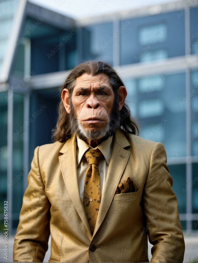 Poster a man in a suit with a monkey face. generative ai.