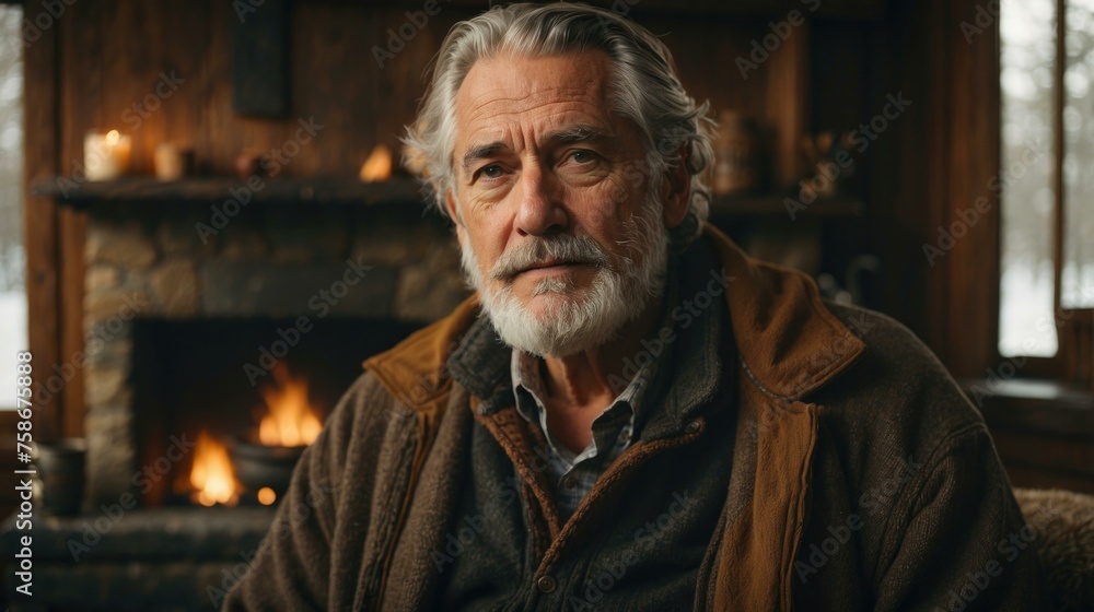 Poster a man with a beard sitting in front of a fireplace. generative ai.