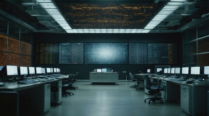 A large room with a lot of computers and monitors on the wall. Generative AI.