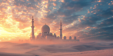 mosque in the desert with sunset sky