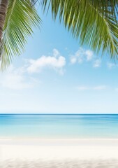 Fototapeta premium A beach scene with palm trees and a blue sky. Generative AI.