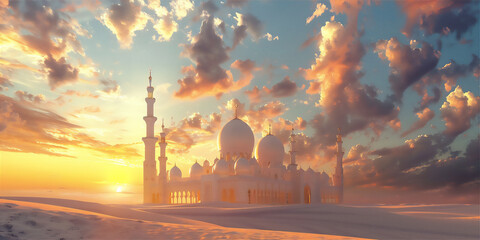 White grand mosque in the desert with sunset sky