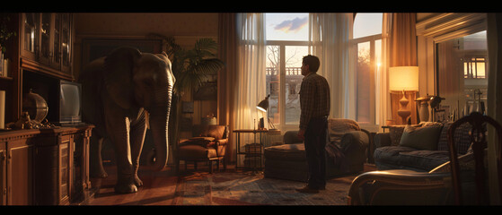 A man standing in a living room next to an elephant st - obrazy, fototapety, plakaty
