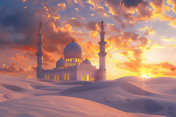White mosque in the desert with sunset sky - obrazy, fototapety, plakaty