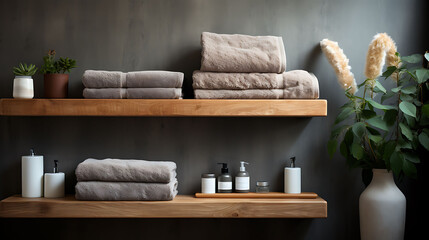 Soft, plush towels neatly folded beside a modern, wall-mounted towel rack