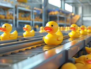 A line of yellow rubber ducks on a factory assembly line, symbolizing mass production. - obrazy, fototapety, plakaty