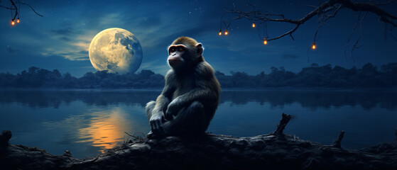 A monkey sitting in front of a full moon with its eyes
